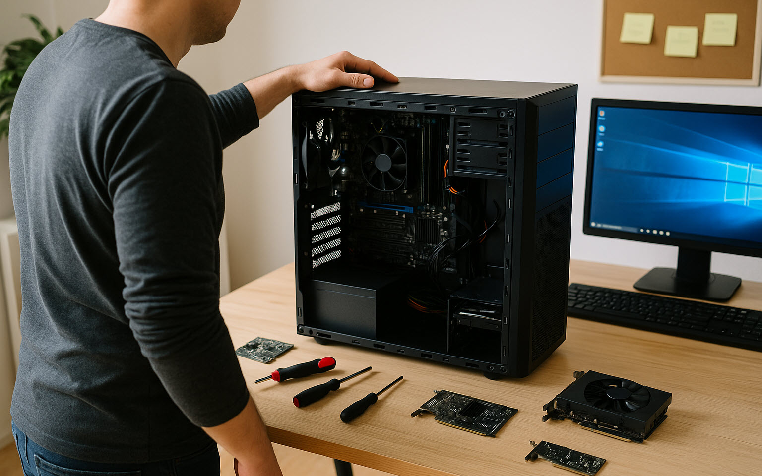 Person repairing a desktop computer